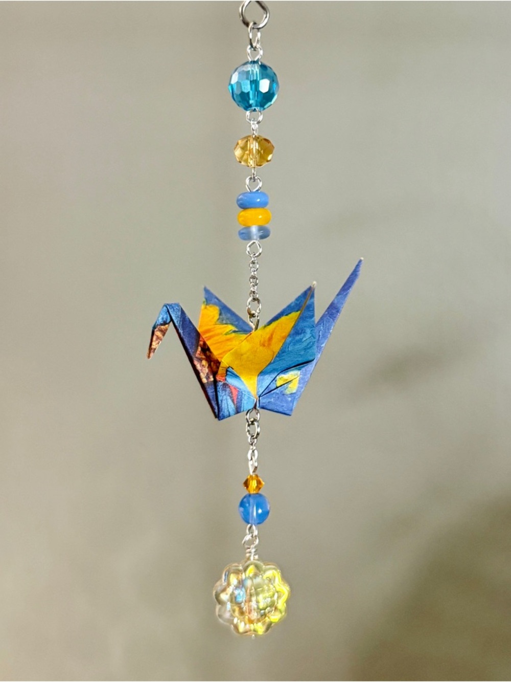 Origami Ornament #2519 - Small Crane with Sunflower Pattern and Glass Beads